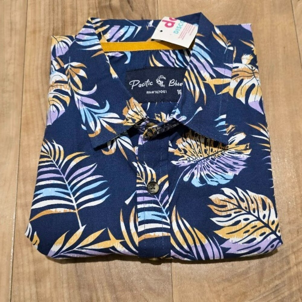 Nwt Pacific Blue Tropical Print Shirt 18 Kids Button Down Short Sleeve New $48